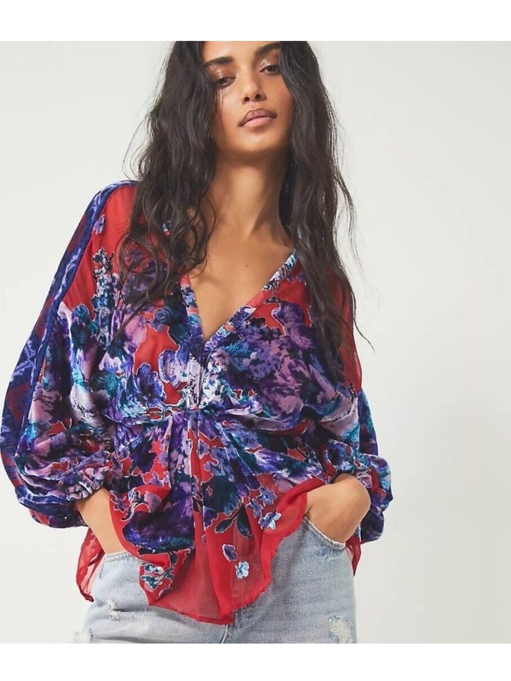 Free People Bonnie Burnout Velvet Top Red & Purple Floral SZ Small